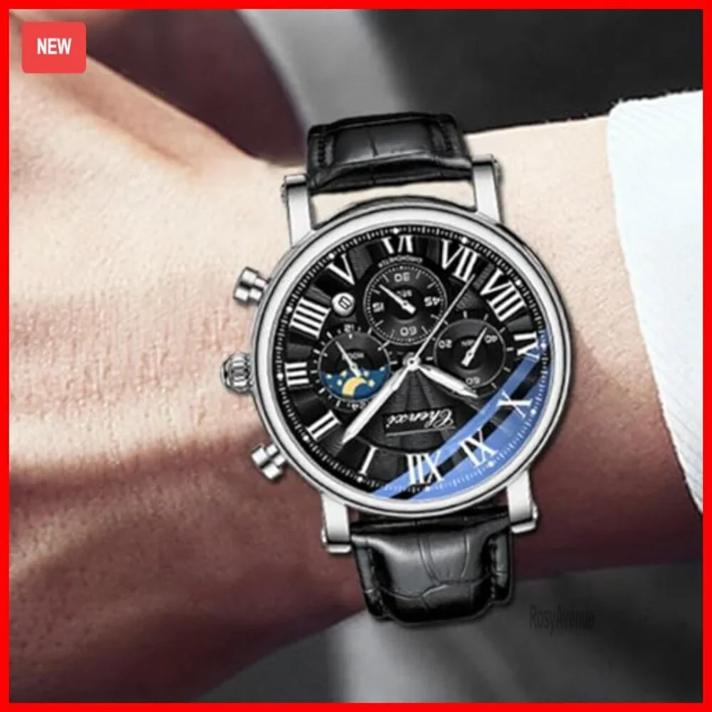 Men's Multifunctional Military Watch Leather Strap Chronograph Waterproof